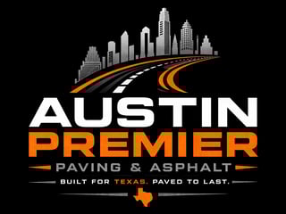Austin Premier Paving and Asphalt logo featuring city skyline, curved road, and Texas state shape on black background